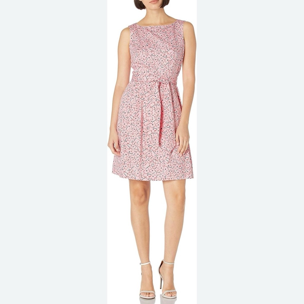 Anne Klein Belted Fit & Flare Dress NWT Pink Poppy Size 6 Sleeveless Pockets